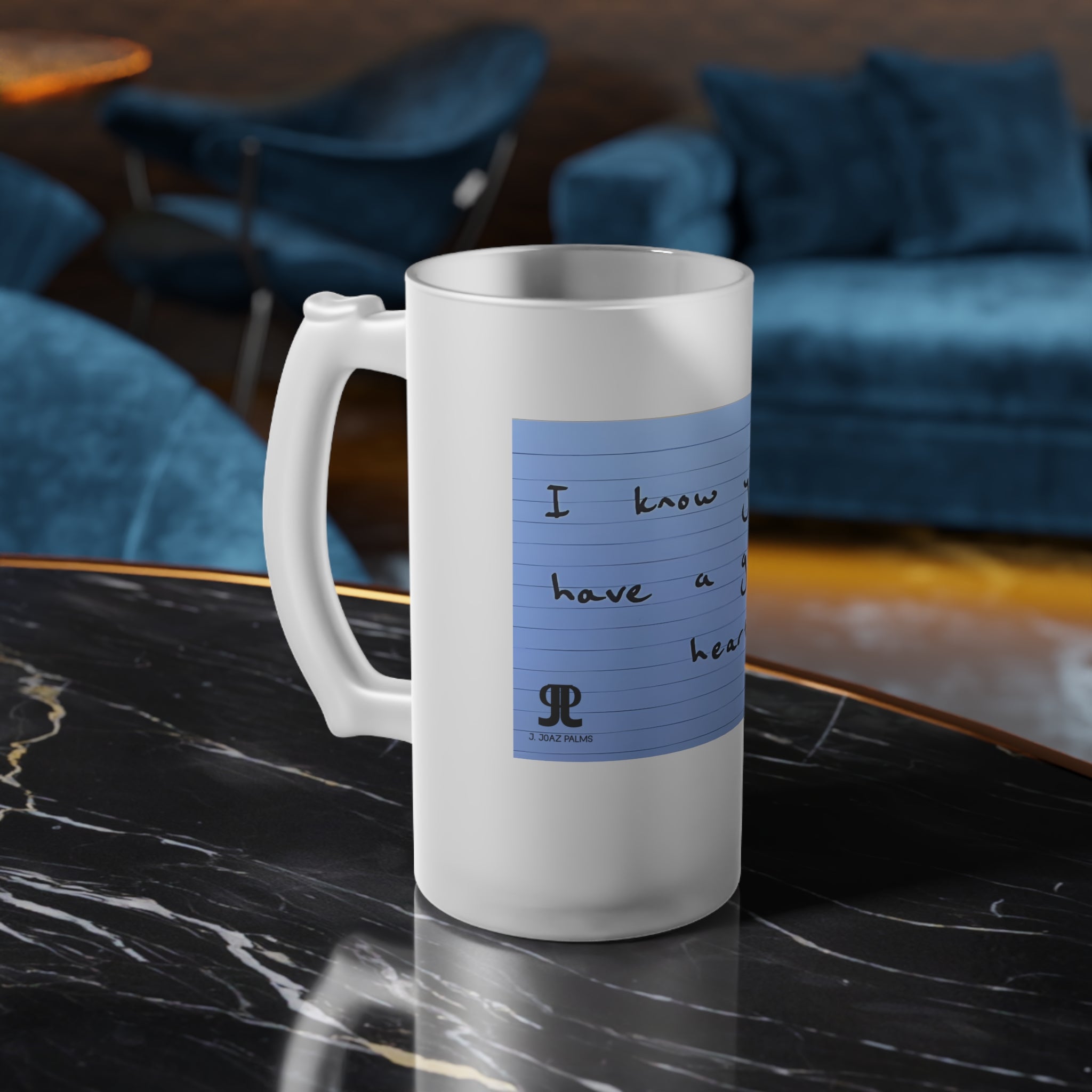 Jered Joaz Palms Frosted Glass Beer Mug — Blue Handwritten Note "I know you have a good heart"