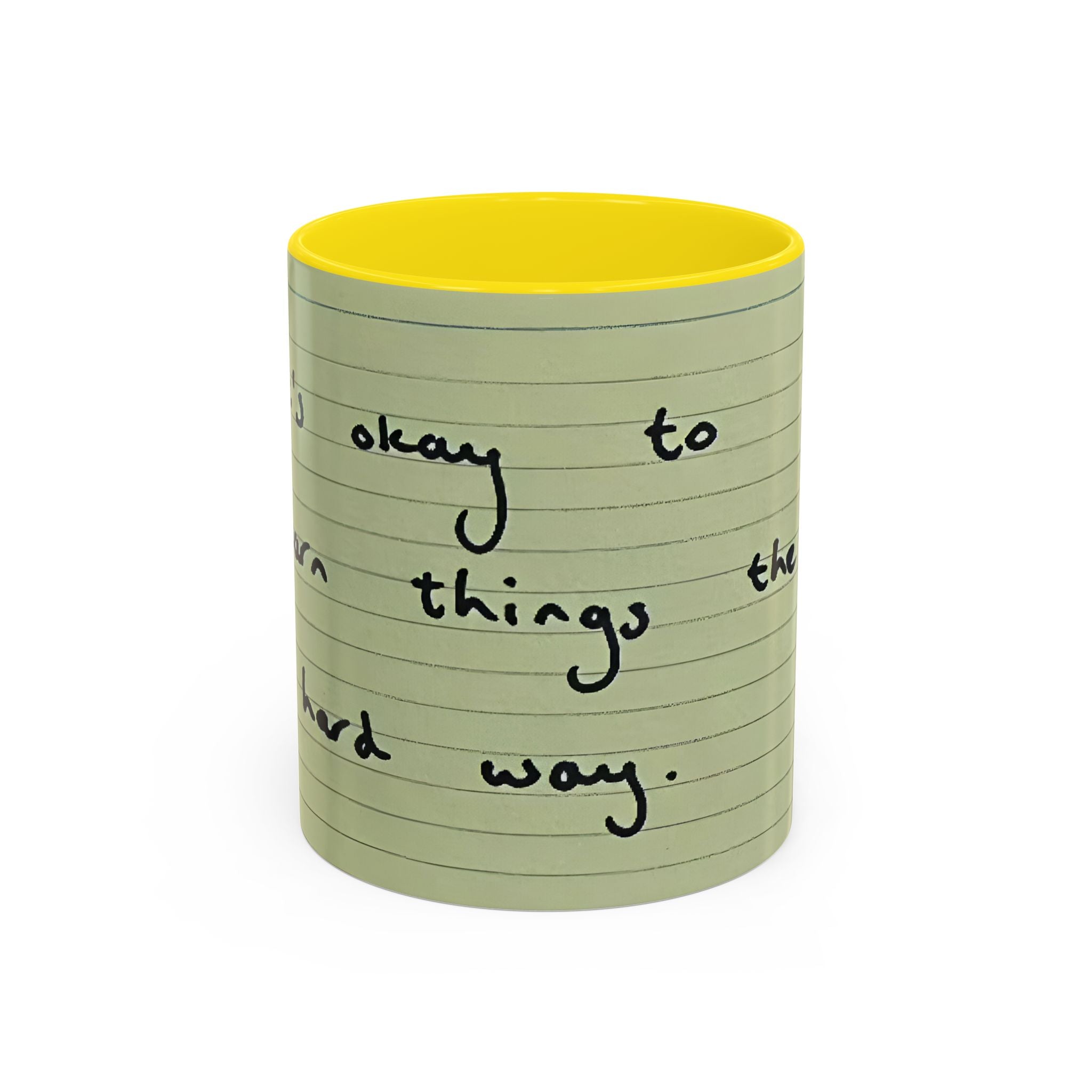 Jered Joaz Palms Accent Coffee Mug — 'It's Okay to Learn Things the Hard Way' Handwritten Note Design