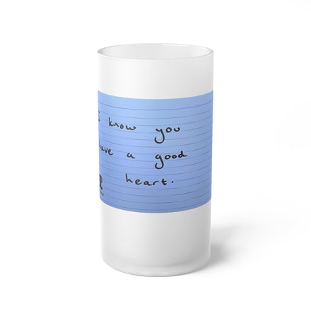 Jered Joaz Palms Frosted Glass Beer Mug — Blue Handwritten Note "I know you have a good heart"